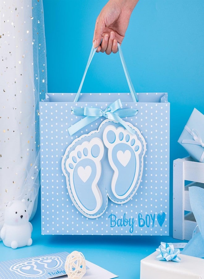 LeZakaa 13" Blue Gift Bags with Tissue Paper, Gift Card, Foot Print & Baby Boy Lettering Design for Baby Shower, Little One, 1st Baby Boys' Birthday - Image 2